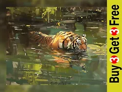 Buy Majestic Swimming Tiger Vibrant Jungle Oil Painting Print 5 X7  On Matte Paper • 4.99£