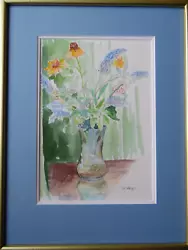 Buy Still Life Of Flowers, Sunflowers And Lilac. David Wood Original W/colour 80s. • 49£