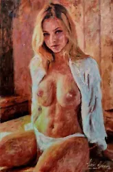 Buy Original Mario Mendoza  Female Woman Oil Painting Art Nude Bath Spa Cute Girl  • 1,500£