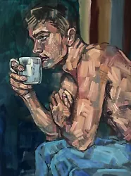 Buy Sexy Man Drinking Coffee, Male Nude Oil Painting, Gay Queer Art 60 X 80 X 1 Cm • 680£