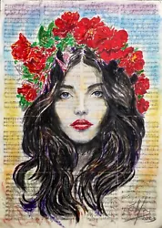 Buy Hand Painted - Ukrainian Girl On The Glued Pages Of Old Book Size 101 X 71 Cm • 99.99£