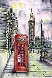 Buy LONDON Big Ben, Red Telephone Box Original Watercolour Painting , Not A Print, 1 • 115.99£
