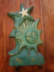 Buy Hand Carved Wood Sun,moon And Stars Sculpture, Green & Gold 15 X 9 Inch, Distres • 30£