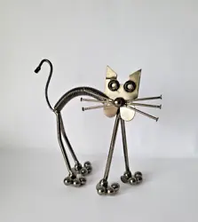Buy Spring Cat Recycled Scrap Metal Welded Feline Sculpture Nails Bolts H15 X W17 Cm • 13.99£