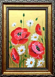 Buy Poppy Daisy Painting Original Red Flowers Art Antique Gold Framed Oil Painting • 41.82£