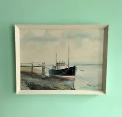 Buy Vintage Original Oil Painting Of Boat In Harbour Seascape 1969 Naive Art • 64.99£