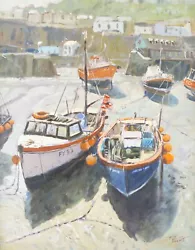Buy TONY FORREST (b.1961) -LOW TIDE- COASTAL HARBOUR BOATS, OIL ON CANVAS, SIGNED • 350£