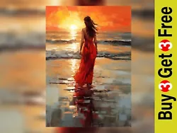 Buy Sunset Beach Woman Oil Painting - Vibrant Seascape Art Print 5  X 7  • 4.49£
