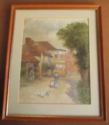 Buy Early 20th Century Watercolour Unsigned Art Deco House Lady Child Girl Geese F&G • 50£
