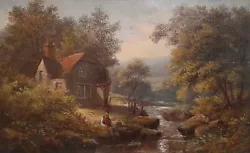 Buy Quality Early 19th Century Oil On Board  Angler Fishing At Riverside Cottage  • 105£