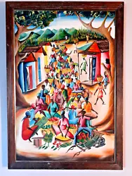 Buy Vintage Haitian Painting, Acrylic On Canvass, Village Scene, Signed FanFan • 188.05£