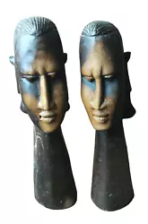 Buy Pair Vintage African Tribal Art Hand Carved Wooden Heads Busts Heavy  • 65£