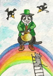 Buy Print Of Watercolor Aceo Painting Tuxedo Cat Ryta Crow Rainbow St Patricks Day • 6.19£