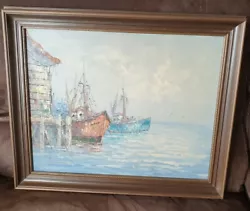 Buy Signed Original Oil Painting On Board Continental Harbour Scene Wooden Frames • 95£