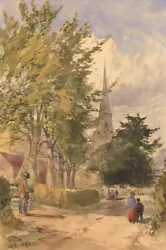 Buy W.H - 19th Century Watercolour, Village Street Scene With Church • 28£