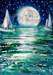 Buy ACEO Original Painting Night SAILBOATS Summer Ocean Stars Boat Seascape Moon ART • 10.08£