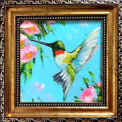 Buy Original Bird Painting Colorful Hummingbird Artwork Golden Framed Art • 33.25£