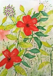 Buy New Watercolour Flower Painting Tropical Red Hibiscus Flowers, Turkey Paintings • 12£