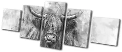Buy Highland Cow Charcoal Mono Animals MULTI CANVAS WALL ART Picture Print • 139.99£