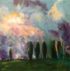 Buy Semi-Abstract Trees Sun Storm Clouds Landscape 14x14 Acrylic Painting On Canvas • 236.25£