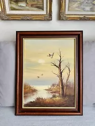 Buy Oil Painting On Board Landscape Nature River Ducks Yellow Tones Wooden Frame • 28£