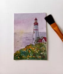 Buy Aceo Original Art Paintings Lighthouse Sunset On The Sea Field Of Dandelions • 12.40£