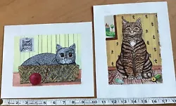 Buy 2 Vintage Watercolour Paintings 10”x8” Wendy 86 Cats Tabby Grey Naive Style 1986 • 20£