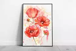 Buy Beautiful Deep Red Blossoming Poppies Flowers Florals Watercolour Painting • 6.43£
