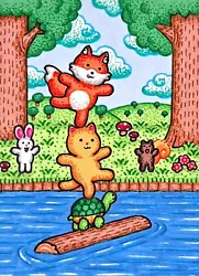 Buy ACEO Original Fantasy Art Cat Fox Turtle Rabbit Squirrel River Trees Clouds • 12.55£