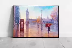 Buy Rainy Day In London Big Ben Landmark Classic Red Phone Box Oil Painting Style • 6.43£