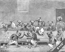 Buy Dogs In A Meeting Hall Fun Fight Louis Wain Painting Dog Art Real Canvas Print • 14.17£