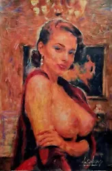 Buy Original Mario Mendoza  Female Woman Oil Painting Art Nude Necklace Secret Cute • 1,500£