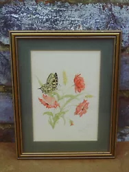 Buy Vintage Framed 1980s Watercolour Painting Of Butterfly & Poppy Flowers -signed • 16£