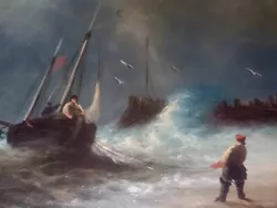 Buy 19c Oil Painting Of Beaching A Boat In Rough Sea Unsigned • 210£
