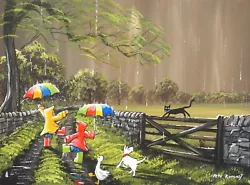 Buy Pete Rumney Art Original Painting In The Rain Down The Lane Colourful Umbrellas • 10.50£