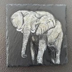 Buy HANDPAINTED Elephant 🐘 ON SLATE - SIGNED - CUTE GIFT 10x10cm • 13.50£
