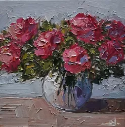 Buy Pink Roses Oil Painting Vivek Mandalia Impressionism Collectible 12x12 Signed • 0.99£
