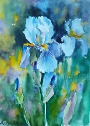 Buy Original Flower Watercolor Painting Bright Blue Iris Wall Art Decor • 42.64£