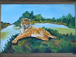 Buy Vintage Large Original Oil Painting On Board Signed By Adge , Tiger 1991 • 59.99£