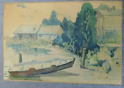 Buy Mystery Artist New England IMpressionist Painting Coastal Scene Boat Houses 1925 • 39.78£