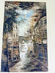 Buy Signed European Street Scene Oil Painting On Canvas Muted Dreary Trees Cityscape • 62.16£