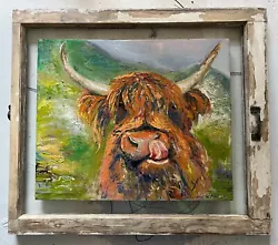 Buy Ginger Scottish Highland Cow, Oil Painting, Vintage Window, Framed • 1,582.86£
