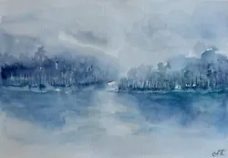 Buy Original Watercolor Art Misty Lake Painting Foggy Lake Artwork Mountain Lake Art • 31.50£