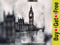 Buy Timeless Beauty: Big Ben, London Bridge Monochrome Watercolor Painting Print 5x7 • 4.99£
