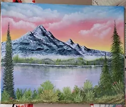 Buy BOB ROSS  Style Oil  On Canvas Unframed Mountain Lake Foliage Signed 50cmx40cm • 20£