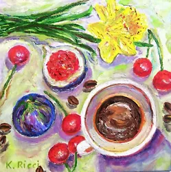 Buy Still Life Oil Painting Original Figs Cherries Daffodil Flower Fruit Coffee Cup • 38.54£