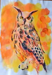 Buy Bold Owl Painting Mixed Media. Bird Wall Art,feathers,Woodland Orange Yellow • 15£
