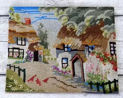 Buy Antique Needlepoint Embroidery Panel Pair Of Cottages Vintage Handmade • 18£