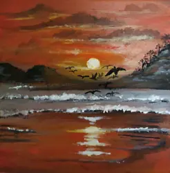 Buy Original On Canvas, Sunset Seascape Home Decor Acrylic Painting, 20 By 20 Cm • 16.77£