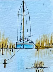 Buy Original Watercolour ACEO Of Moored Sail Boat. Pen And Wash Sail Boat On River. • 3£
